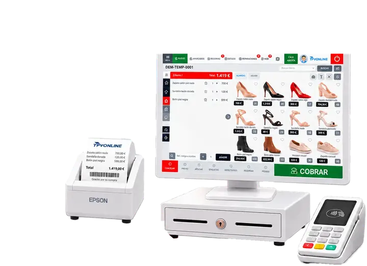 Mascota de TPV Online presentando el software TPV en una zapatería: pantalla de venta táctil, cajón portamonedas, datáfono e impresora de tickets