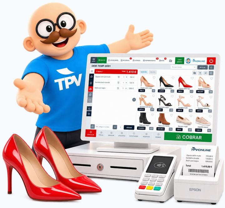 Mascota de TPV Online presentando el software TPV en una zapatería: pantalla de venta táctil, cajón portamonedas, datáfono e impresora de tickets