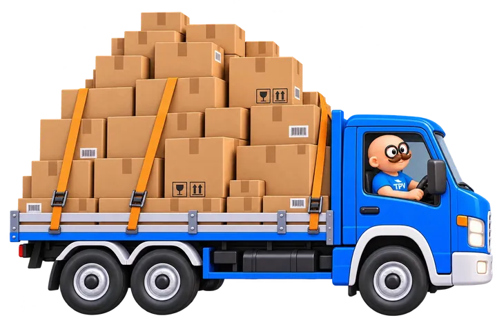 La mascota de TPV Online conduce un camión de mudanza cargado de cajas