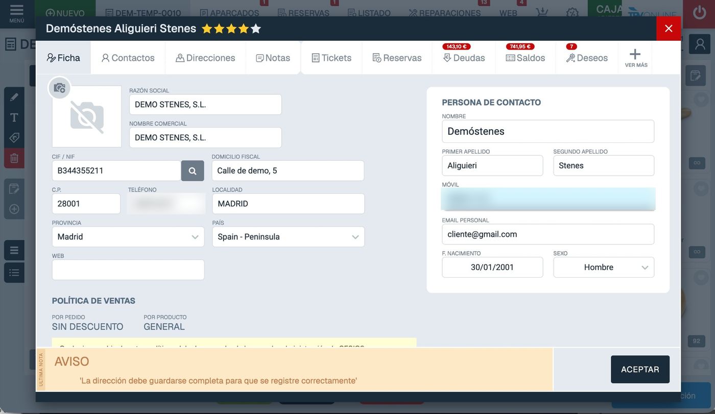 Ampliar pantalla de TPV Online: Ficha de cliente