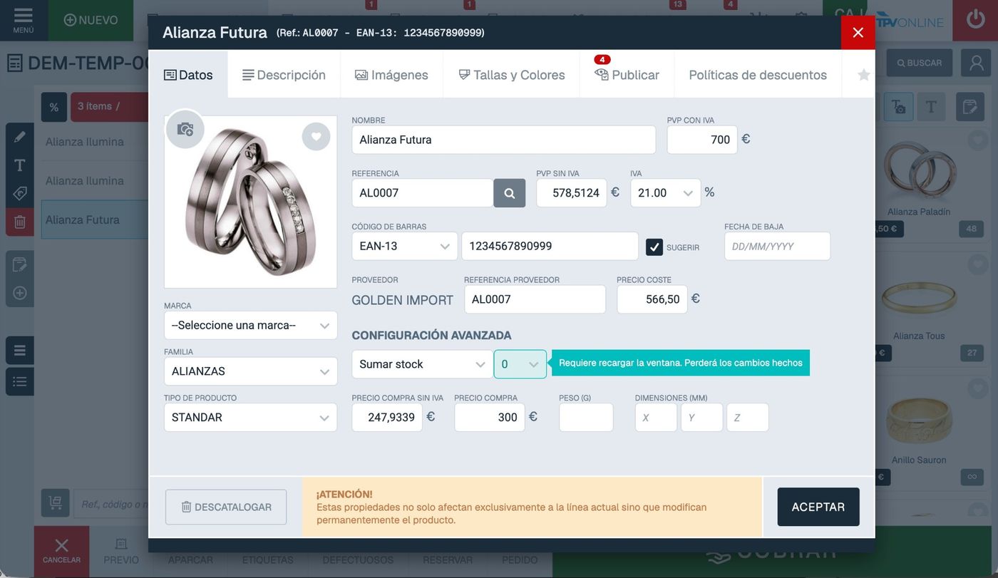 Ampliar pantalla de TPV Online: Ficha de producto