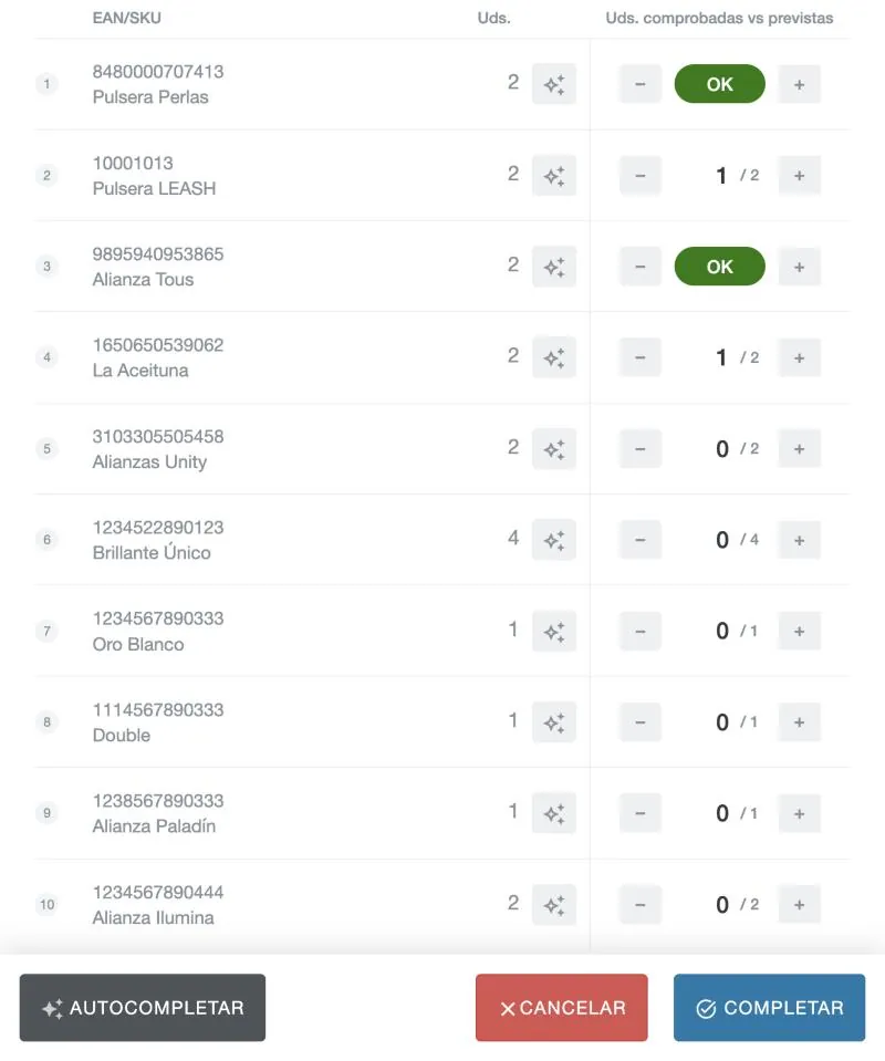 Goods receiving module screen: Review and complete