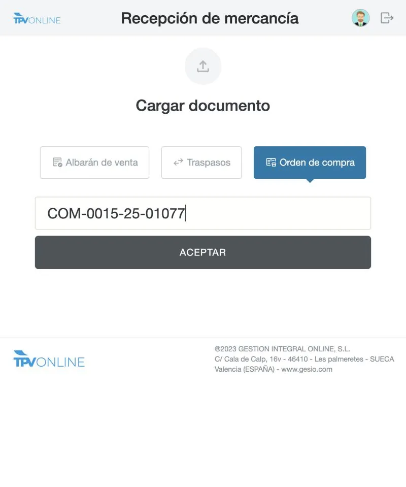 Goods receiving module screen: Choose the document