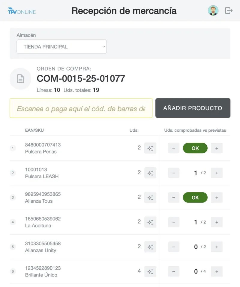 Goods receiving module screen: Scan what arrives