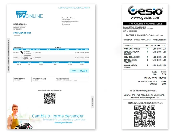 Ejemplo de factura y ticket de TPV Online con código TBAI y QR